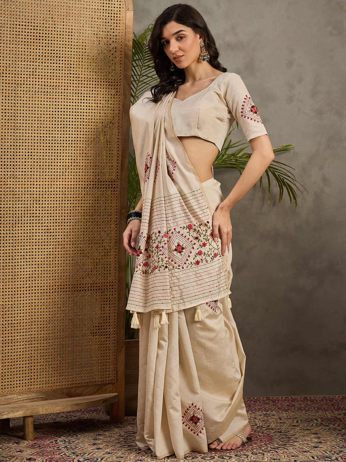 CreamRed Pakhi Saree