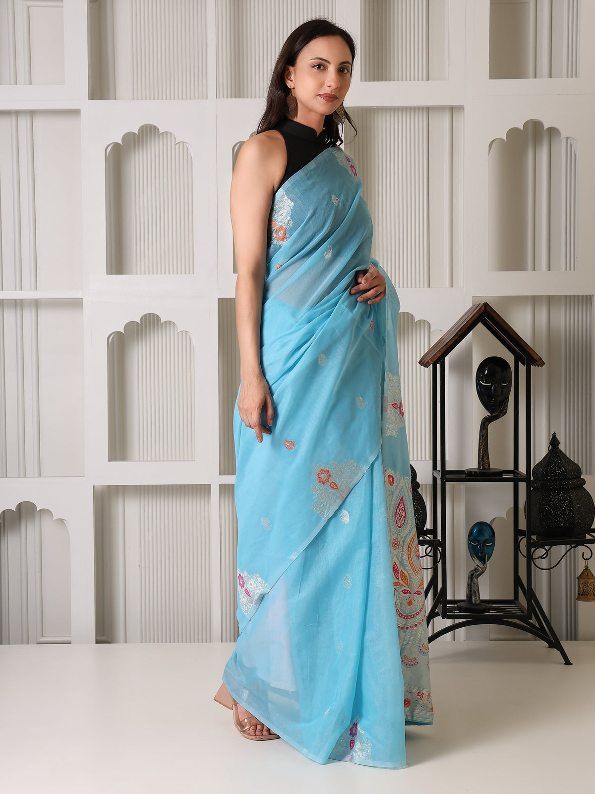 Aqua Blue Luxury Chanderi Saree with Zari Pallu